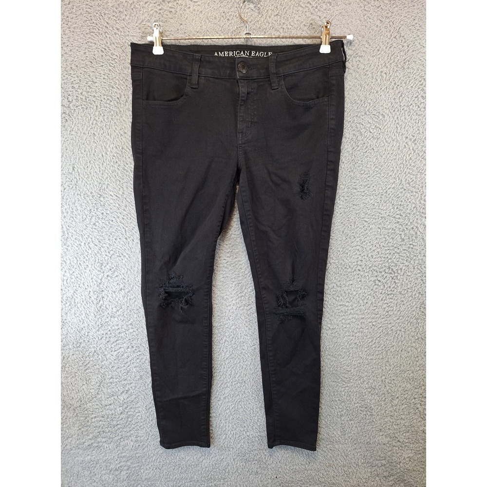 American Eagle Jegging Jeans Women 10 (Fits 33x27) Black Denim Cotton Distressed